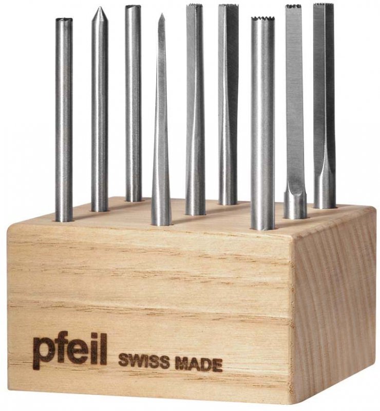 Pfeil Set of 9 Pfeil Punches for Wood in Wooden Block